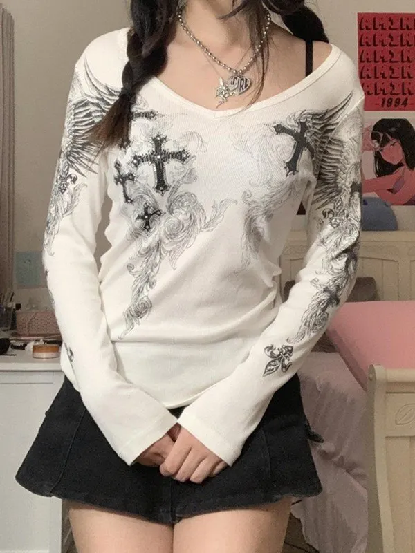 Camiseta de manga larga acanalada cruzada Vintage Grunge