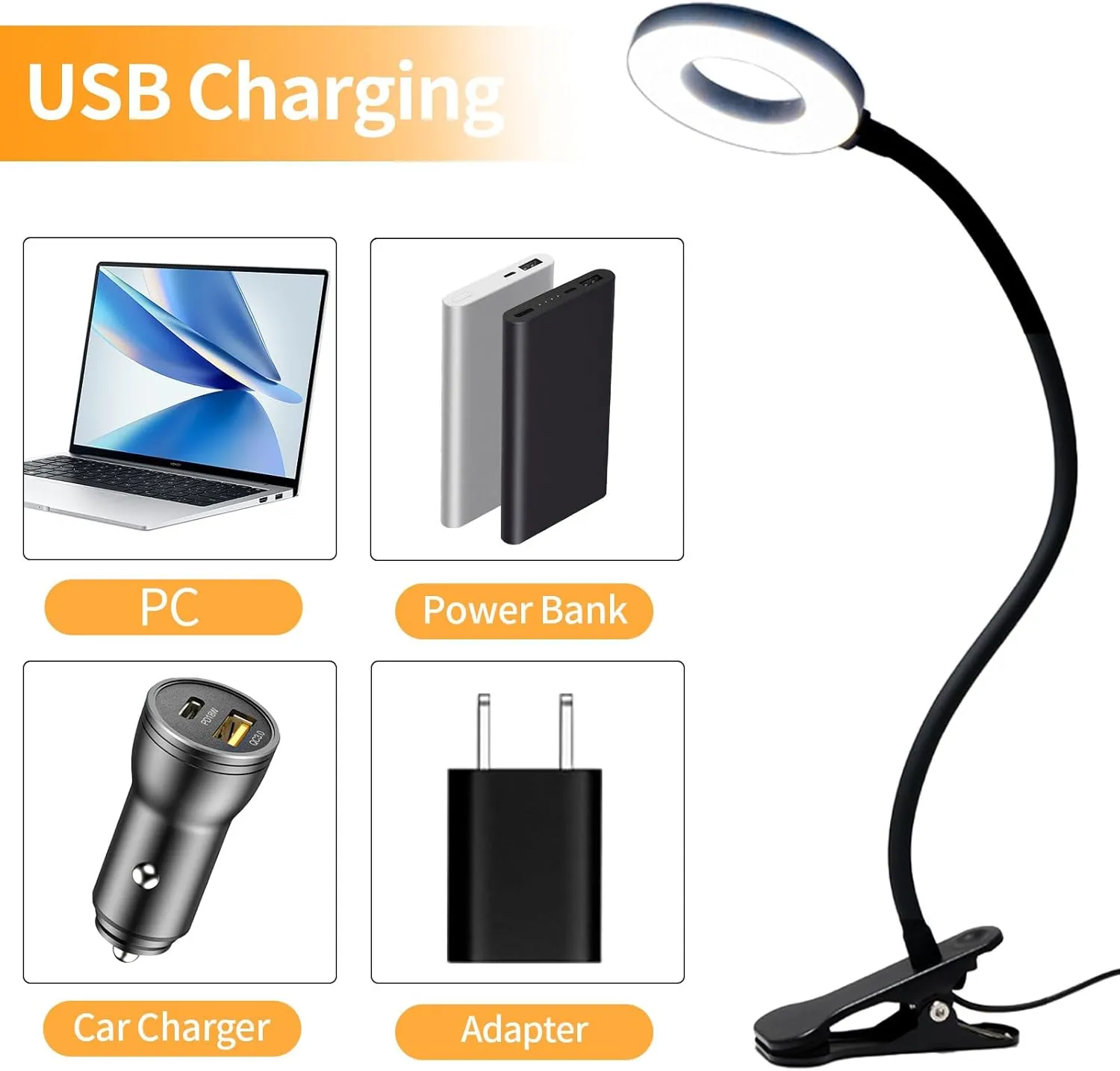 LQWELL® Lampara Escritorio Pinza LED, Luz De Lectura Con Clip, 3 Temperaturas De Color, 10 Niveles De Brillo Y AtenuaciÓN Contin