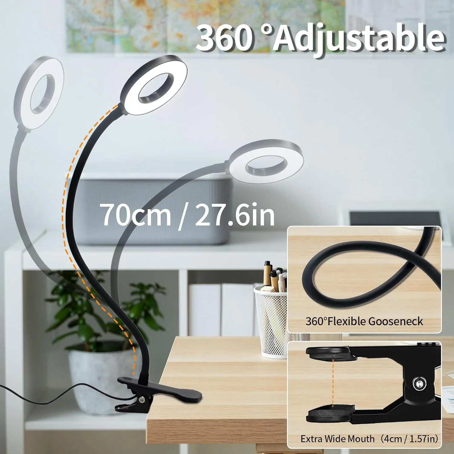 LQWELL® Lampara Escritorio Pinza LED, Luz De Lectura Con Clip, 3 Temperaturas De Color, 10 Niveles De Brillo Y AtenuaciÓN Contin