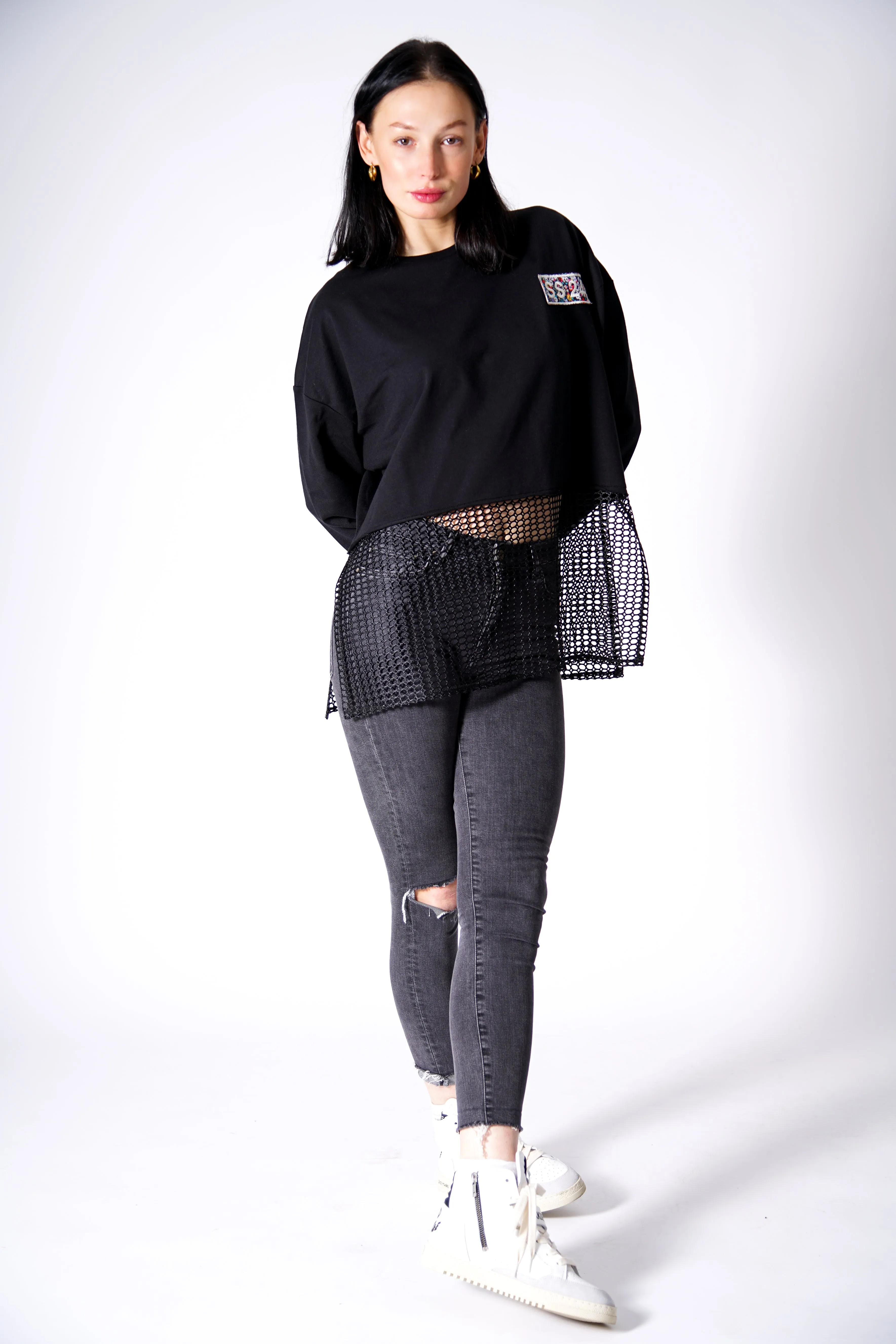 Sudadera negra rejilla FLORAL ROCKSTAR