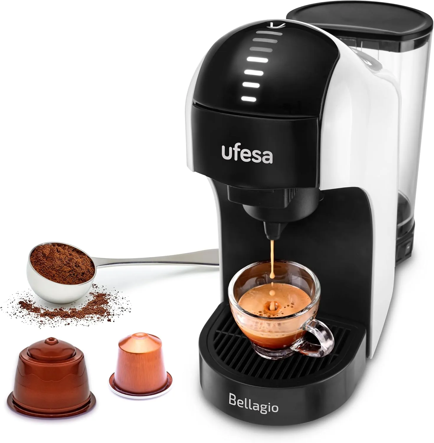 Ufesa Bellagio Cafetera Espresso Multicápsulas 3 en 1 para Nespresso, Dolce Gusto o Café Molido, Panel Táctil Digital con 7 Nive