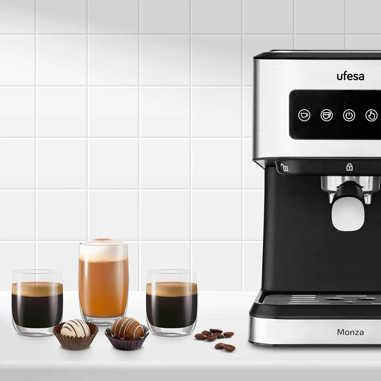 Ufesa Bellagio Cafetera Espresso Multicápsulas 3 en 1 para Nespresso, Dolce Gusto o Café Molido, Panel Táctil Digital con 7 Nive