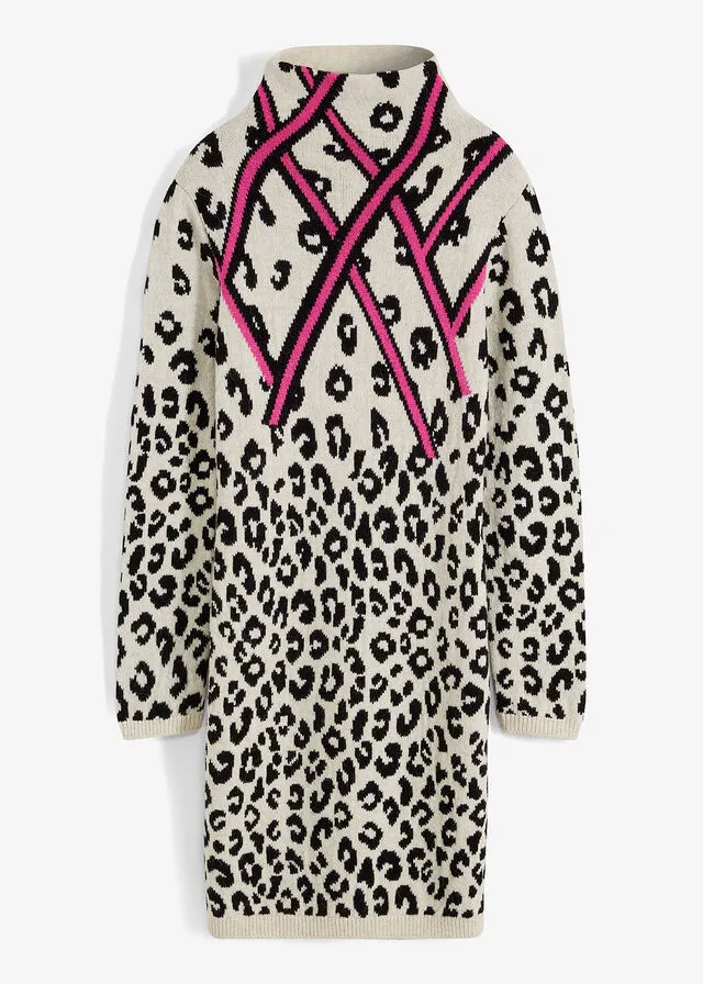 Vestido de punto Estampado de leopardo blanco-negro